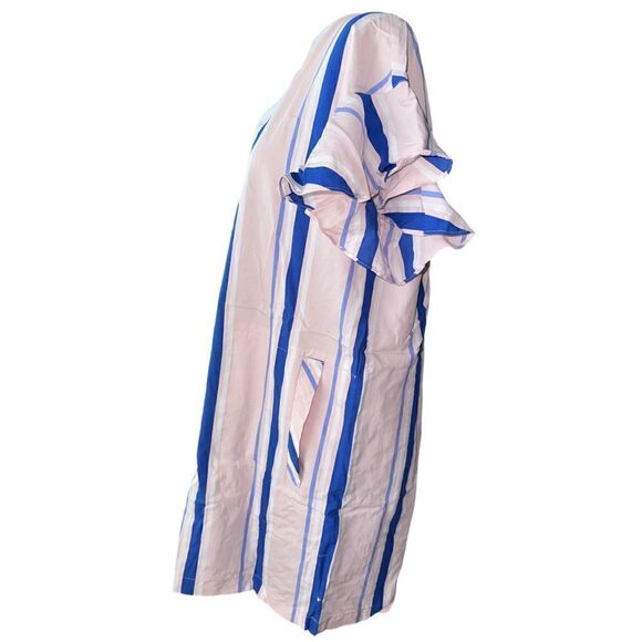 PEARL by Lela Rose Striped Ruffle Sleeve Pink Blue Designer Sheath Mini Dress S - Picture 4 of 12